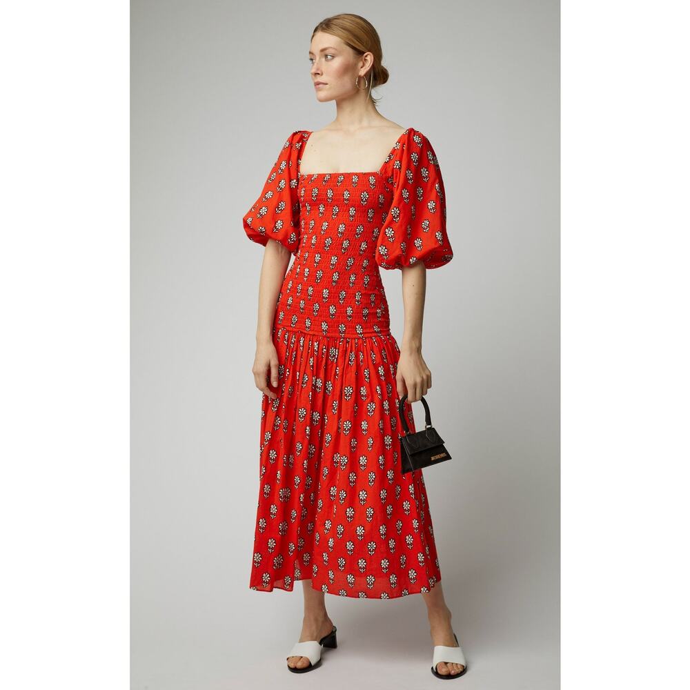 Rhode Resort Red Harper Daisy Smocked Off Shoulder Puff Maxi Dress Size Small